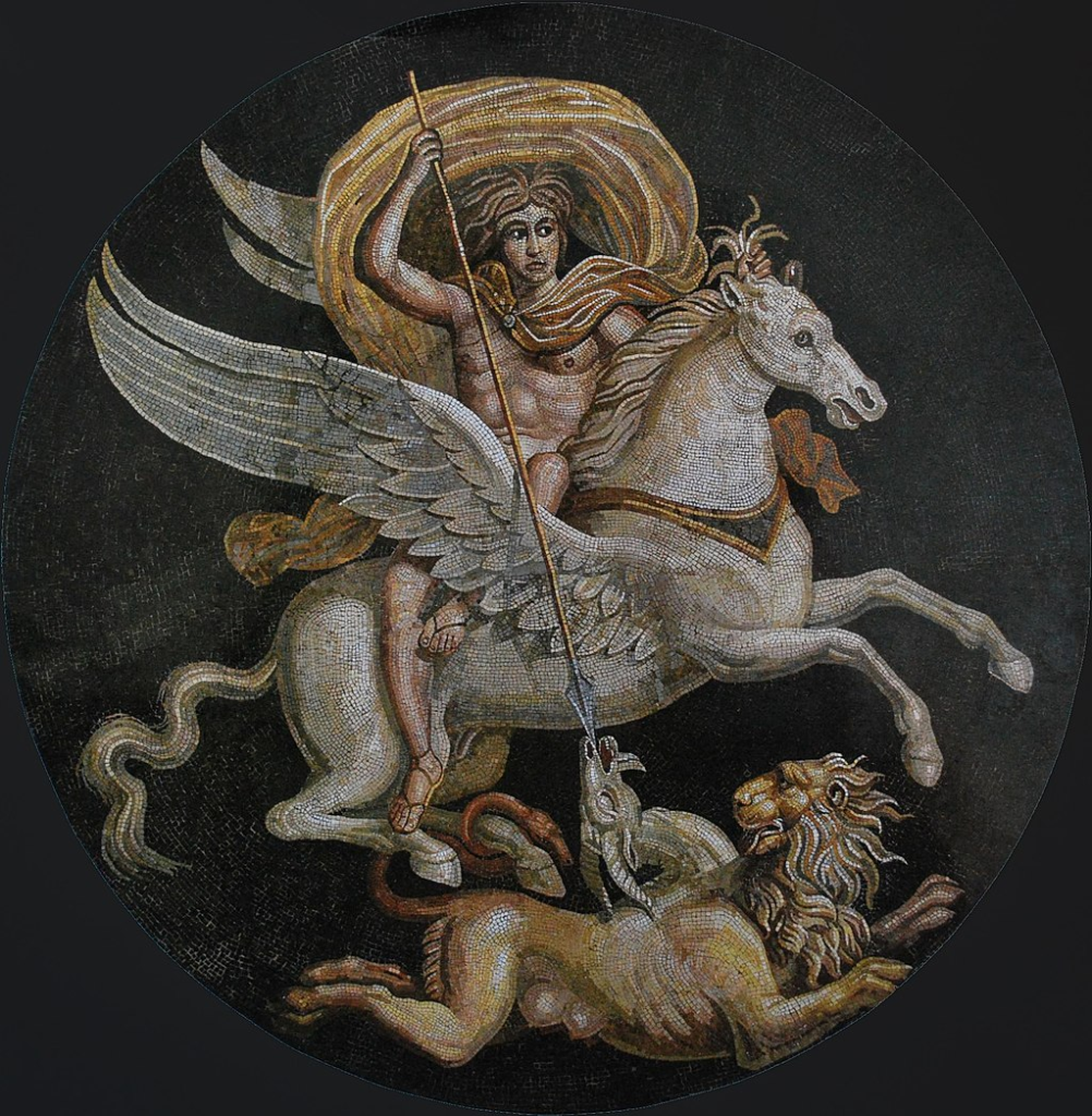 Bellerophontes'in Pegasus'a binip Chimera'yı öldürdüğü Helenistik Yunan mozaiği, MÖ 300-270, Rodos Arkeoloji Müzesi