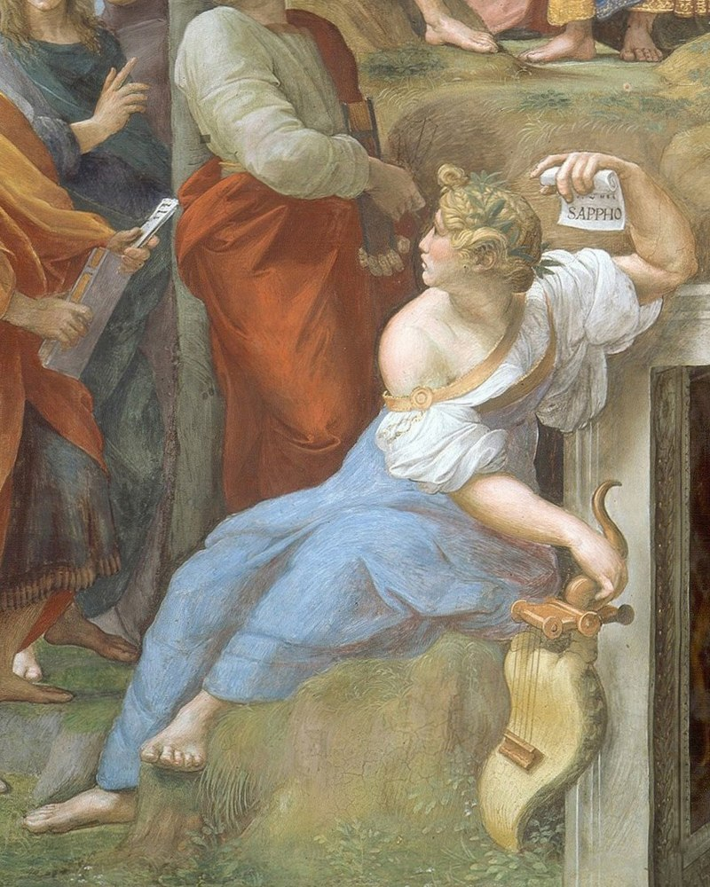 Raphael'in Parnassus (1510-11) tablosunda diğer şairlerle birlikte gösterilen Sappho