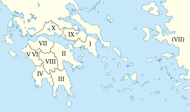 Pausanias Yunanistan Tasviri kitabının her bir cildinde ülkenin hangi bölümlerinin anlatıldığını gösteren bir Yunanistan haritası