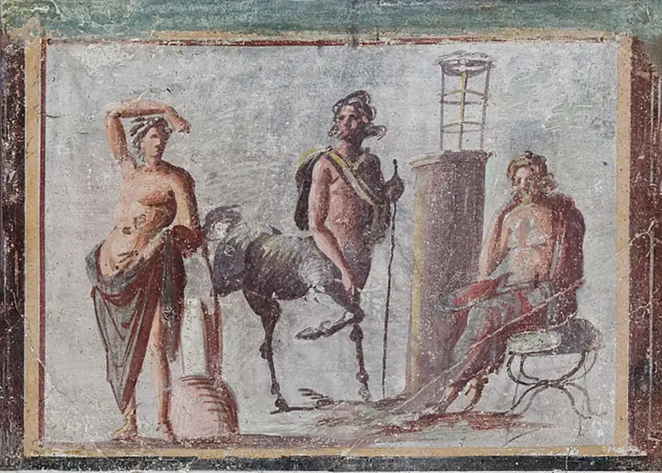 Napoli Ulusal Arkeoloji Müzesi aracılığıyla Pompeii'den Apollo, Centaur Chiron ve Asklepios'u tasvir eden fresk.