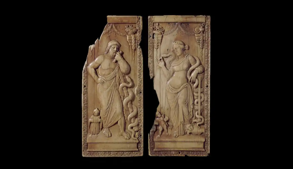 Asklepios ve Hygieia, fildişi paneller, MS 400-430 civarı, Dünya Müzesi
