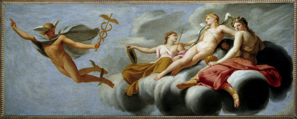 Aşk Tanrısı Merkür'e gücünü evrene duyurmasını emreder Hermes görevini bırakmıştır. Eustache Le Sueur (1617-1655) tarafından yapılmıştır. 1646 Güneş. 1x2,5 m.