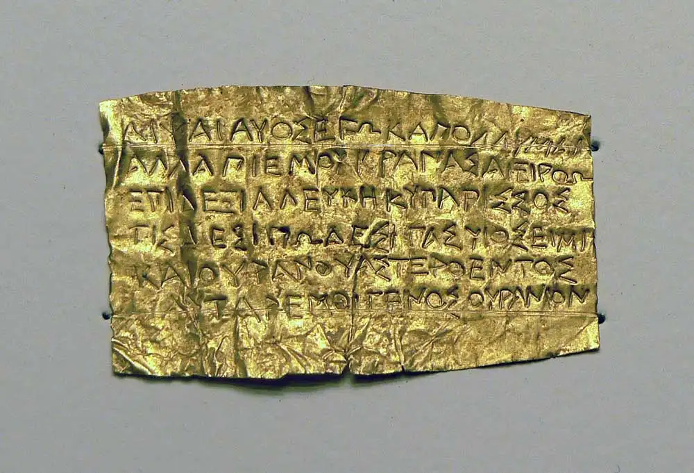 Tessaglia'da bilinmeyen bir yerde bulunan Orfik dualı altın levha, bronz bir cenaze vazosu içinde, MÖ 4. yüzyıl