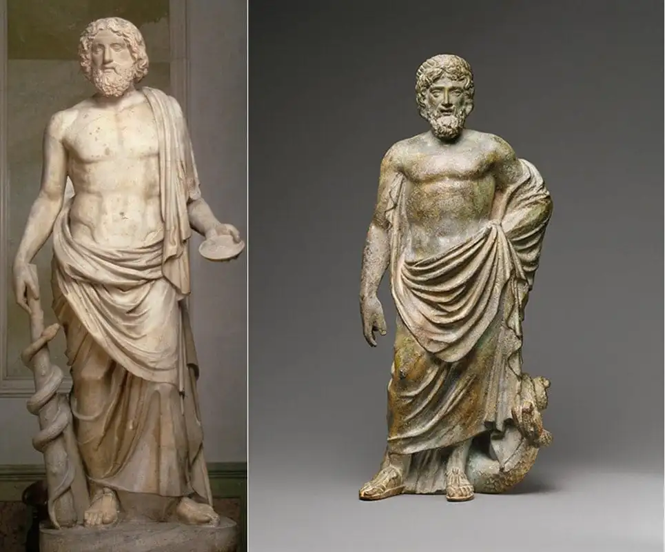 Solda: Ayaklarının dibinde kutsal bir yılanla Asklepios, MS 2. yüzyıl, Getty Müzesi
Sağdaki: Roma Asklepios Heykeli, yaklaşık MS 1.-2. yüzyıl, Hermitage Müzesi